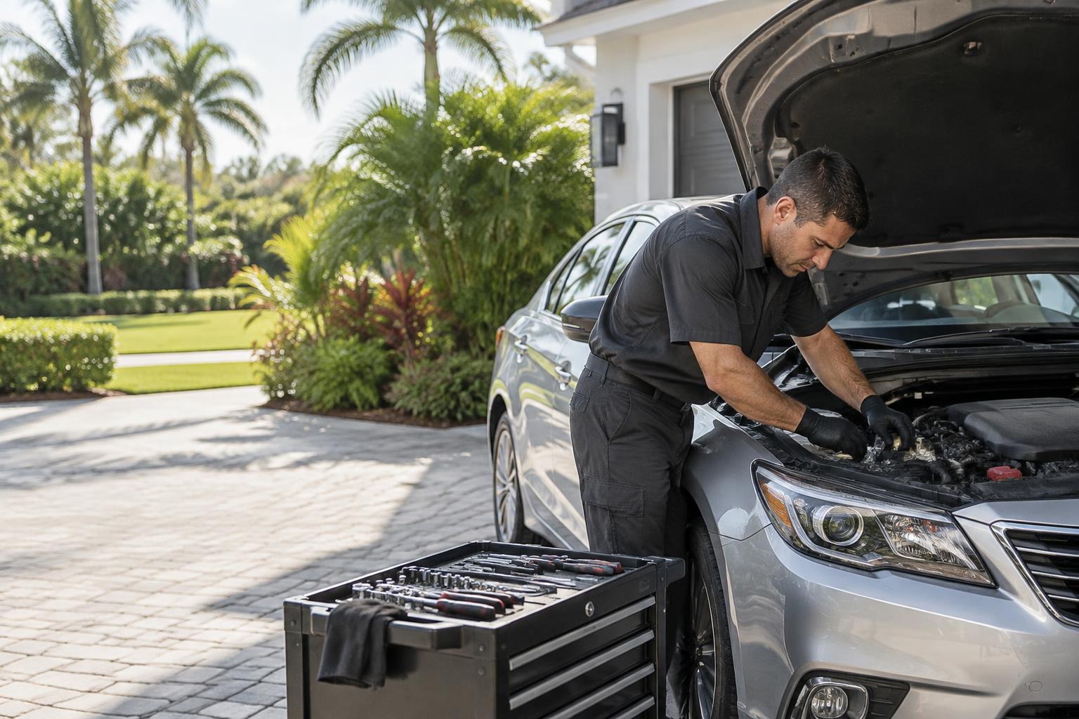 Mechanic checking a car engine at a Florida home